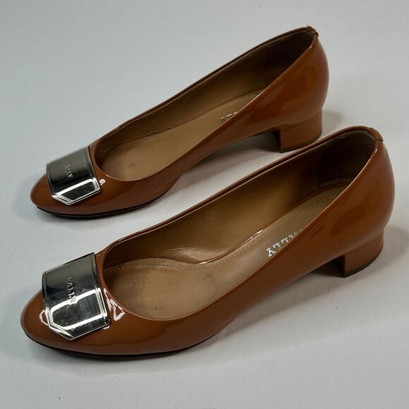 Bally Heline Patent Calf Leather Low Heels w/ metal Logo Plaque Brown 36 US 5.5 - Picture 5 of 16